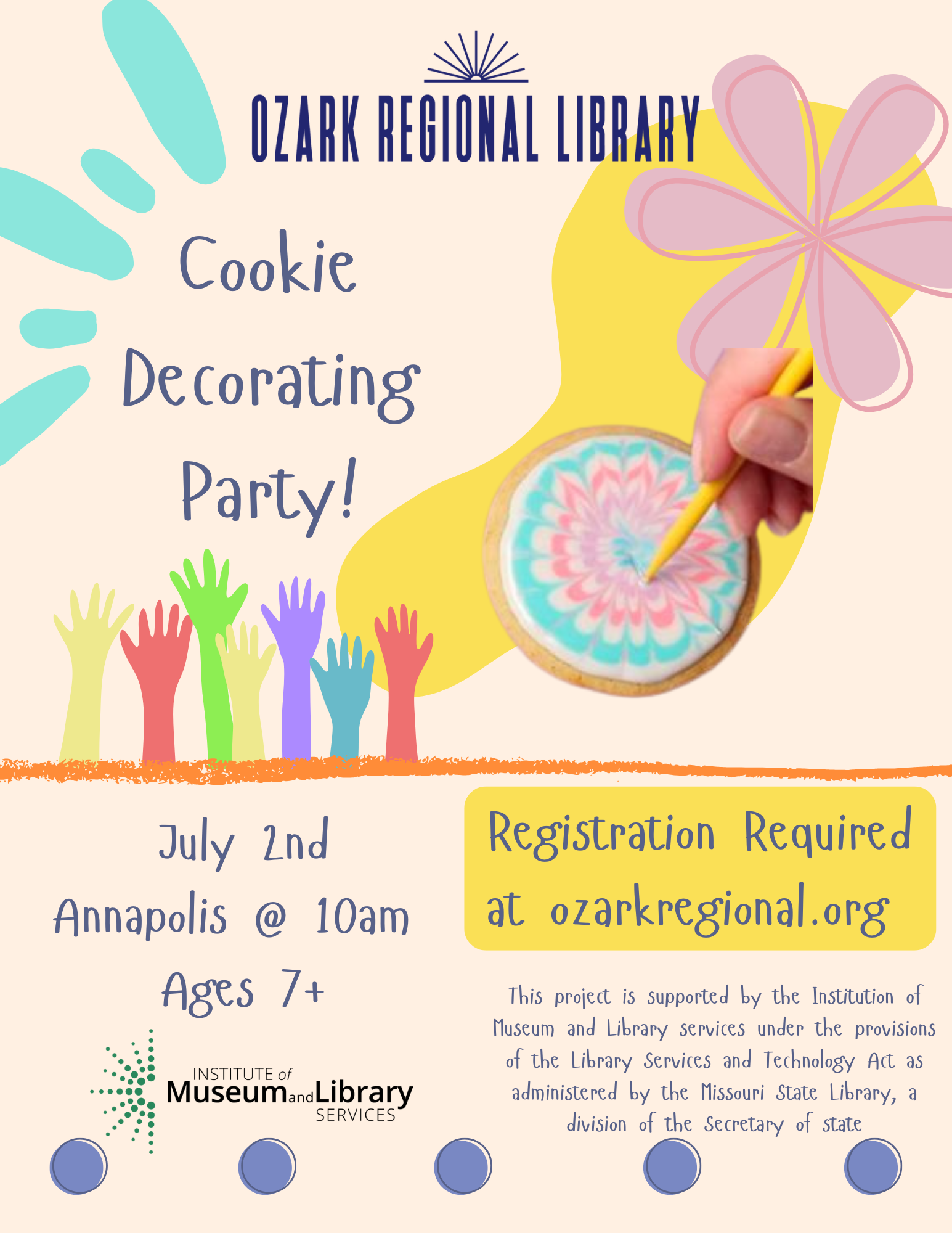 A pink event flyer with various color graphics. July 2nd, Annapolis at 10am Ages 7+ Registration required